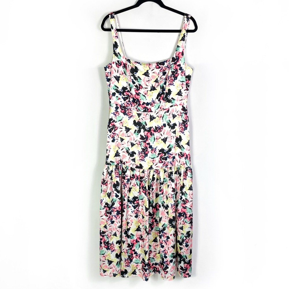 Aidan Mattox Floral Print Satin Midi Dress Square Neck Sleeveless White Size 12 - Picture 4 of 11